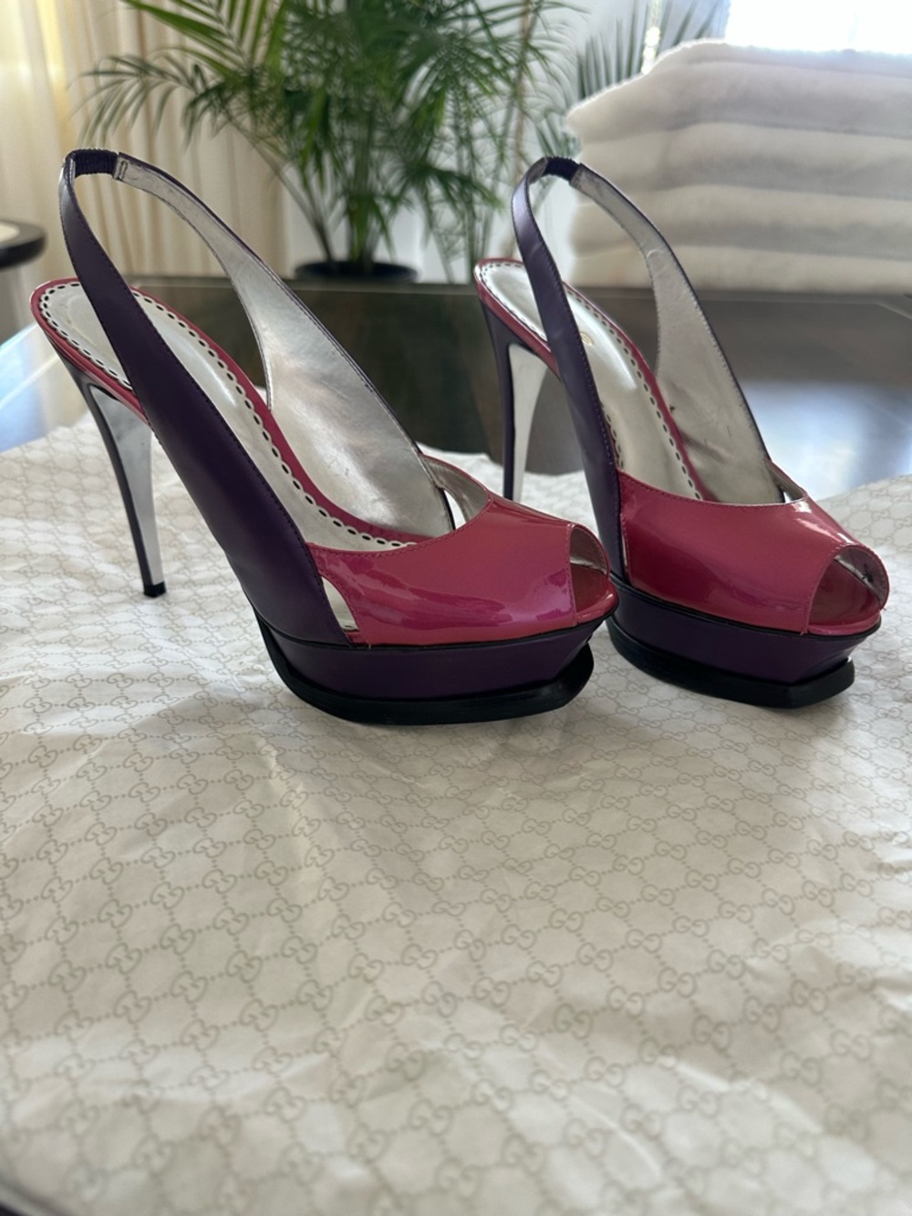 bebe Patent Peep-Toe Slingback Heels in Pink and Purple